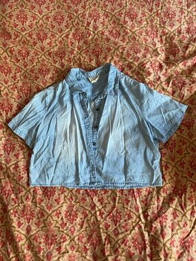 La Hearts Light Blue Cropped Button-Down Shirt 100% Cotton size Large